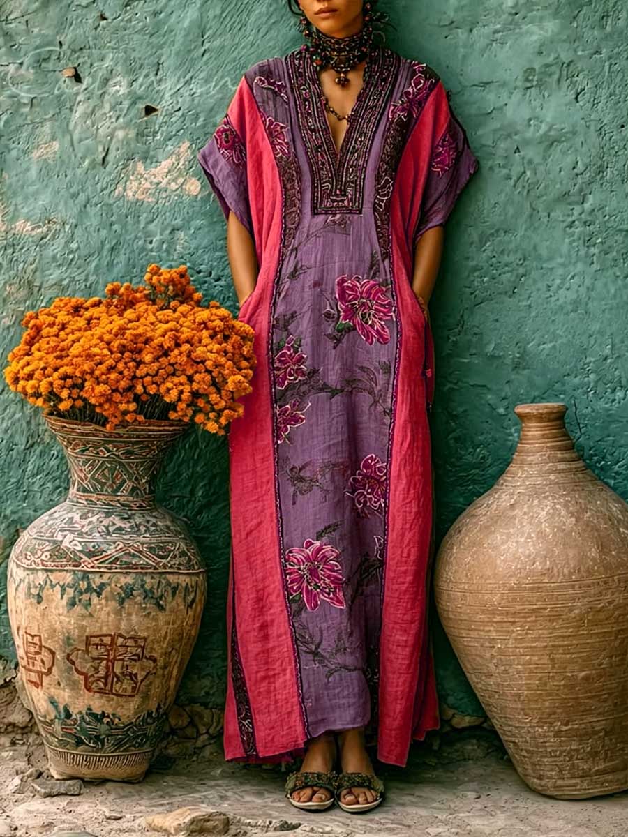 Women's Vintage-print Patchwork V-neck Short-sleeve Casual Loose Cotton-linen Dress