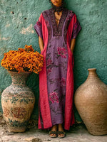Women's Vintage-print Patchwork V-neck Short-sleeve Casual Loose Cotton-linen Dress