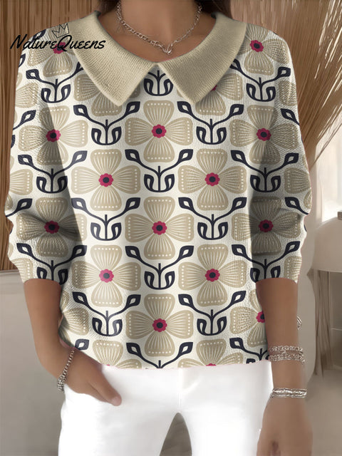 Simple Floral Decorative Pattern Women Peter Pan Collar Sweater
