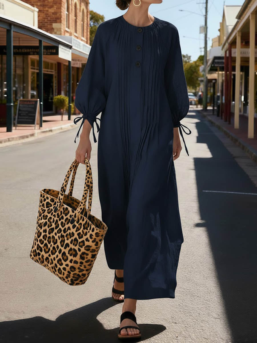 Women's Solid Color Round Neck Long-sleeved Casual Loose Pleated Cotton And Linen Dress