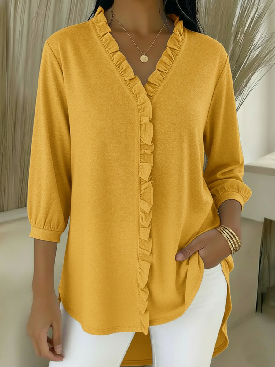 Casual Ruffled V-neck Cotton Top