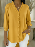 Casual Ruffled V-neck Cotton Top