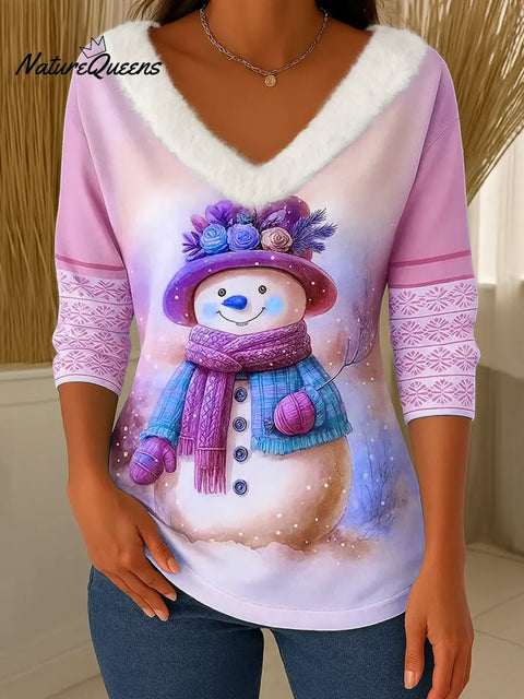 Women's Christmas Print V-Neck Long Sleeve Casual Loose Top