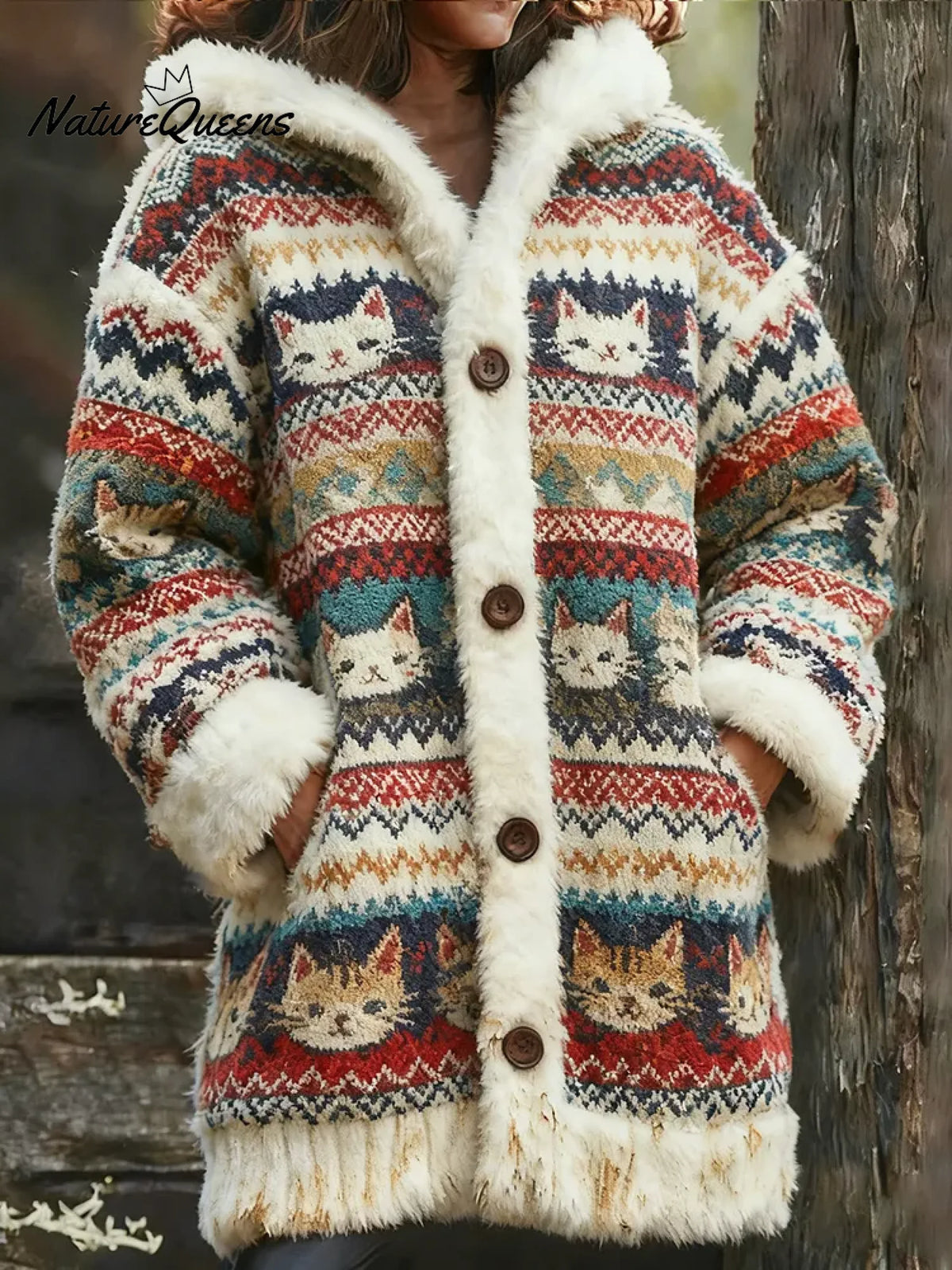 Women's Funny Cats Pattern Art Print Casual Fleece Coat