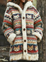 Women's Funny Cats Pattern Art Print Casual Fleece Coat