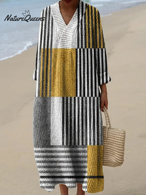 Geometric Stripe Art Print Knitted V-neck Dress