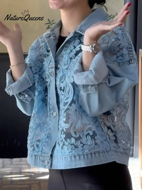 Women's Casual Lace-Patch Denim Jacket