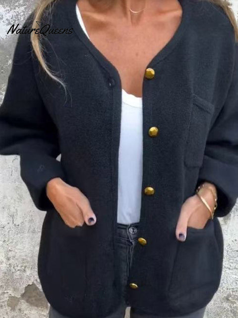 Women's Casual Round Neck Long-sleeved Wool Cardigan Coat