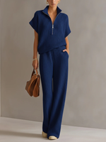 Casual Zippered Stand-collar Top And Straight-leg Pants Knitted Set