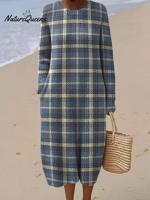 Classic Plaid Pattern Women's Casual Round Collar Long Sleeve Dress