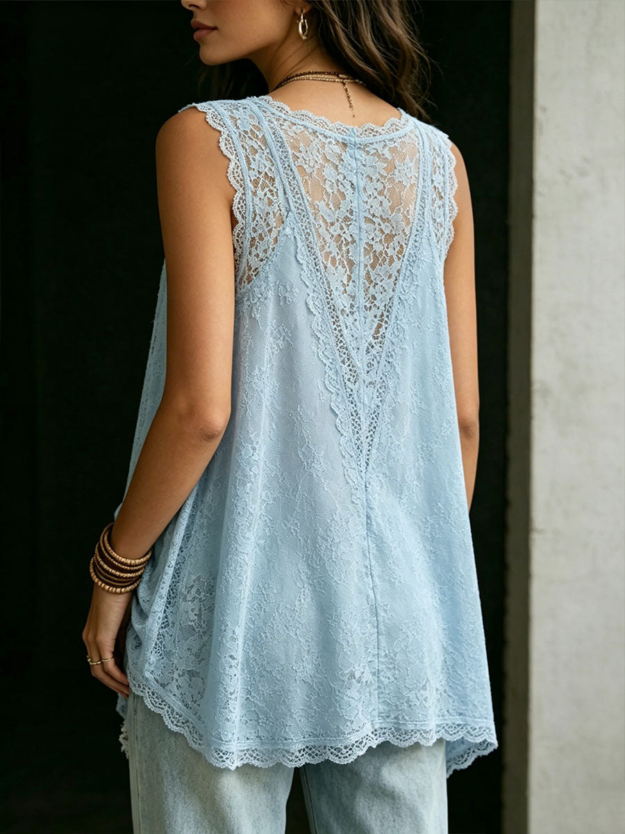 Women's Casual Solid-color Loose Lace V-neck Sleeveless Tank Top