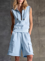 Women's Casual Set: Lapel Sleeveless Loose-fit Hoodie Top & High-waisted Wide-leg Shorts