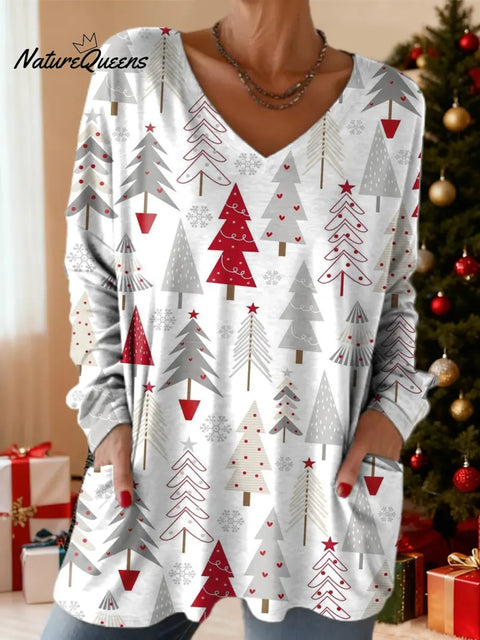 Women's Christmas Tree Pattern Art Print Casual Cotton T-shirt