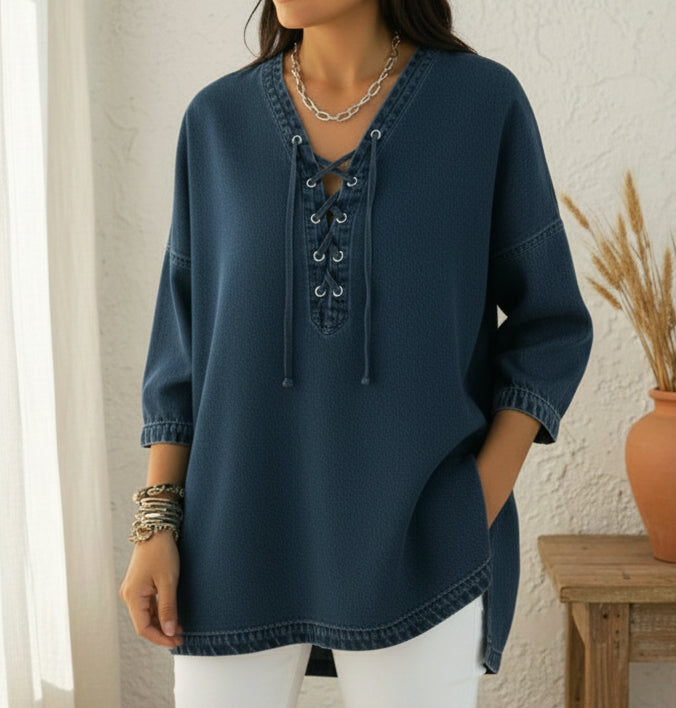 Casual Lace-up V-neck Denim Cotton Top