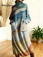 Women's Retro Geometric Patchwork High-neck Long-sleeve Casual Loose Knit Dress