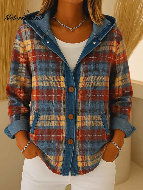 Women's Plaid Print Denim Long Sleeve Casual Loose Hooded Cardigan