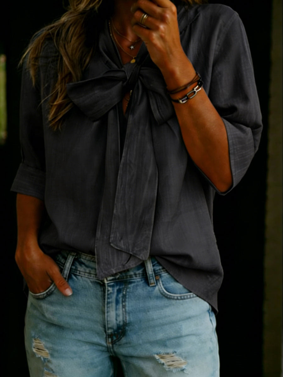 Women's Solid Color Tie-front Linen Cotton Shirt