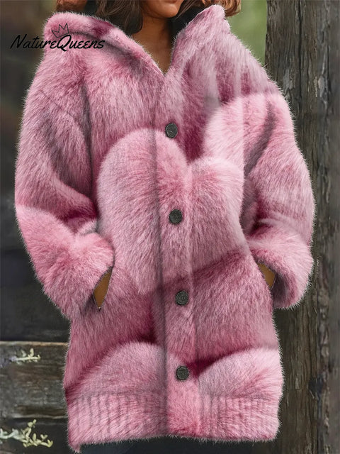 Women's Love Pattern Art Print Casual Fleece Coat