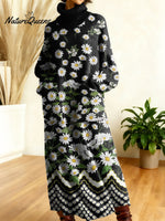 Women's Retro Flowers High-neck Long-sleeve Casual Loose Knit Dress