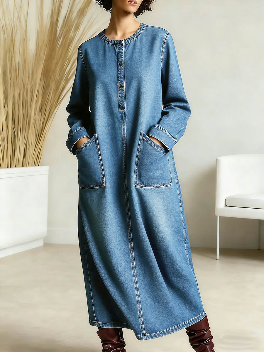 Women's New Spring Collection Round Neck Long-sleeved Casual Loose Denim Dress With Pockets.