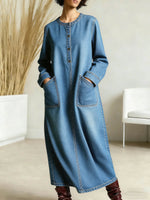 Women's New Spring Collection Round Neck Long-sleeved Casual Loose Denim Dress With Pockets.