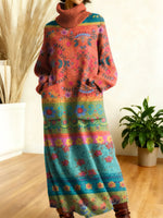 Women's Retro Gradient Flowers Floral Patterns Art High-neck Long-sleeve Casual Loose Knit Dress