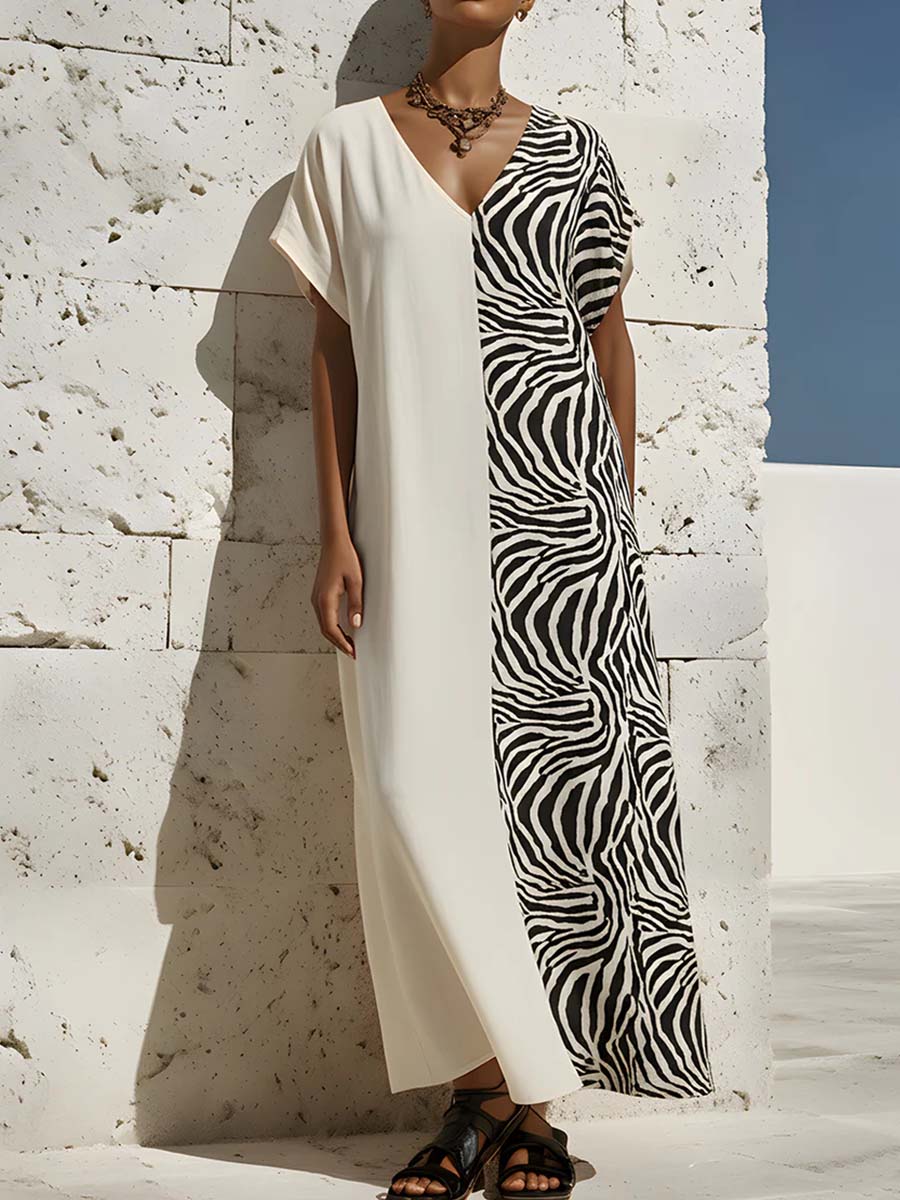 Women's Zebra-print V-neck Short-sleeve Casual Loose Cotton-linen Dress