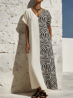 Women's Zebra-print V-neck Short-sleeve Casual Loose Cotton-linen Dress