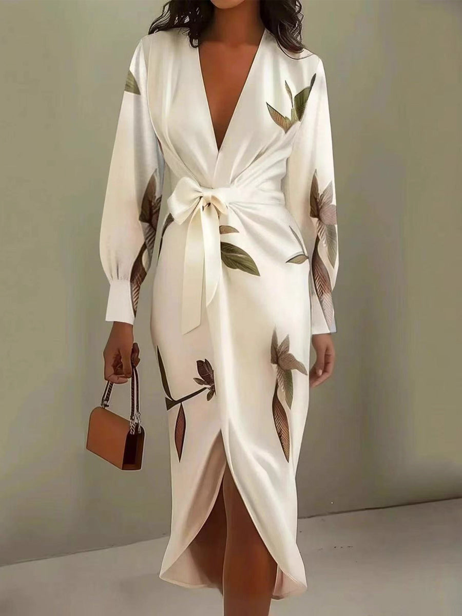 Women's V-neck Long-sleeved Tie Dress