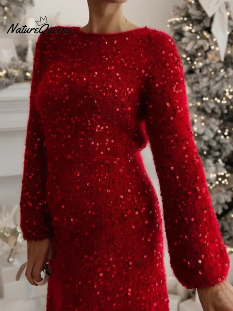 Christmas Party Elegant Sparkling V-neck Knit Dress