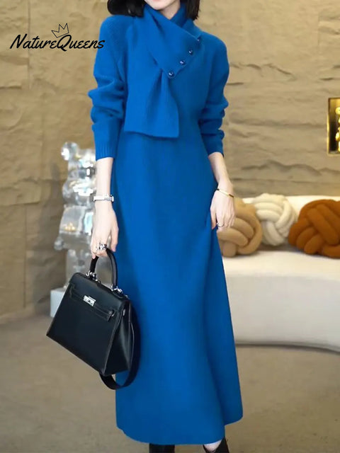 Women's Cozy Sweater Dress With Detachable Scarf