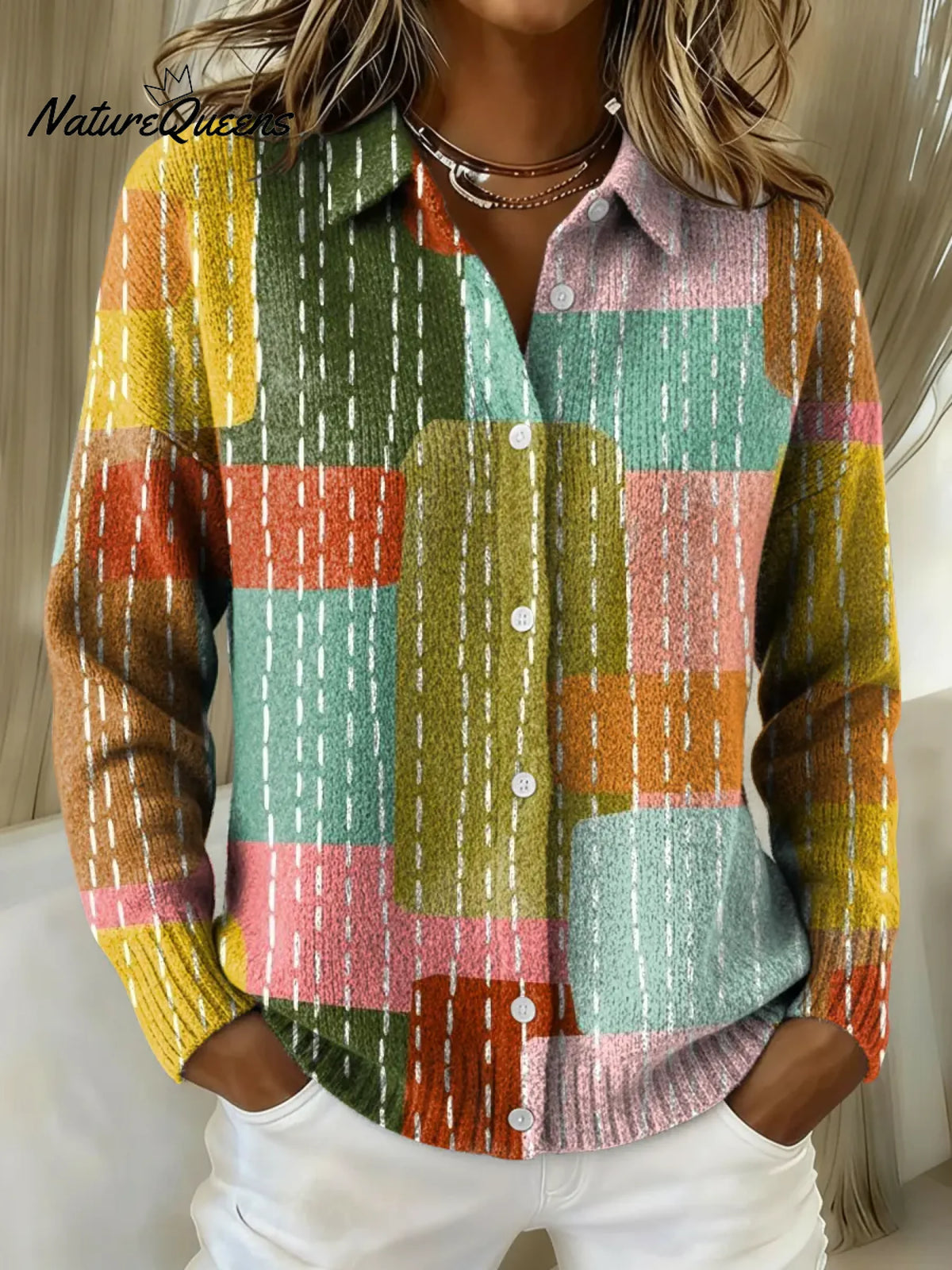 Women's Colorful Geometric Patchwork Printed Collared Sweater