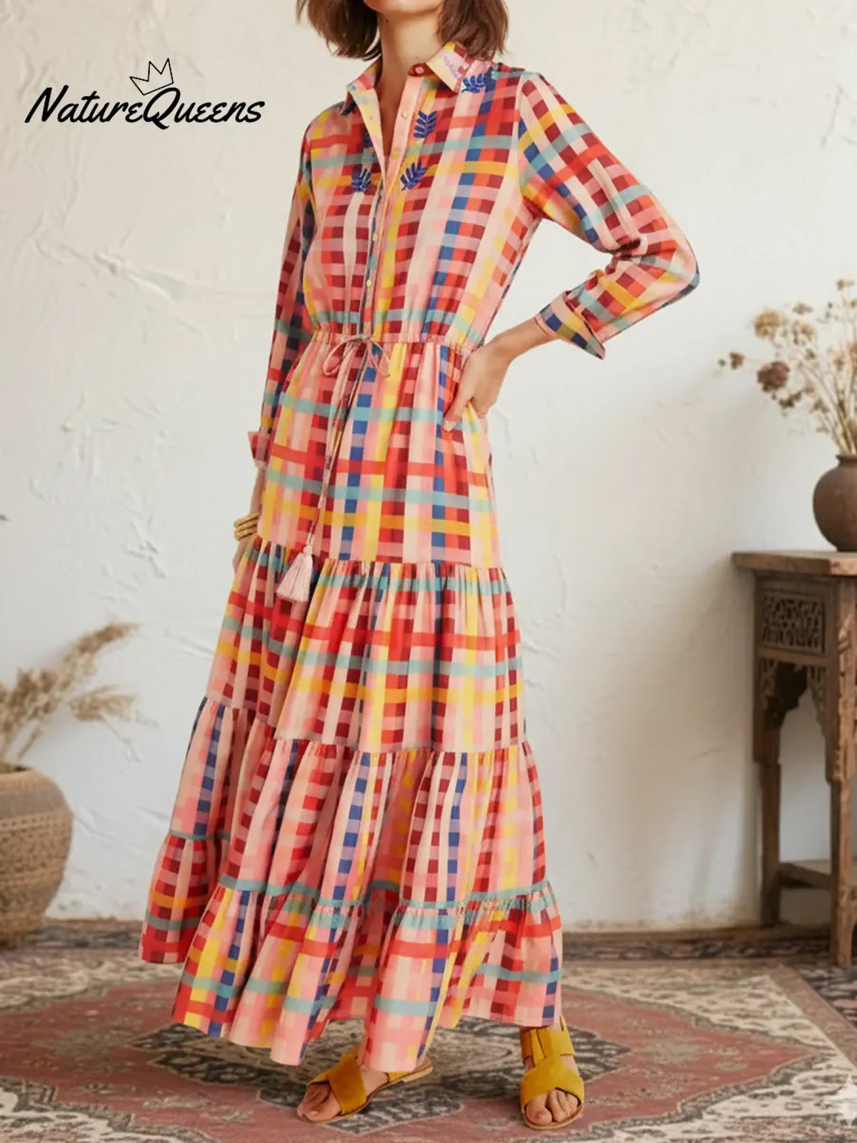 Women's Rainbow Plaid Long-sleeved Cotton Shirt Dress