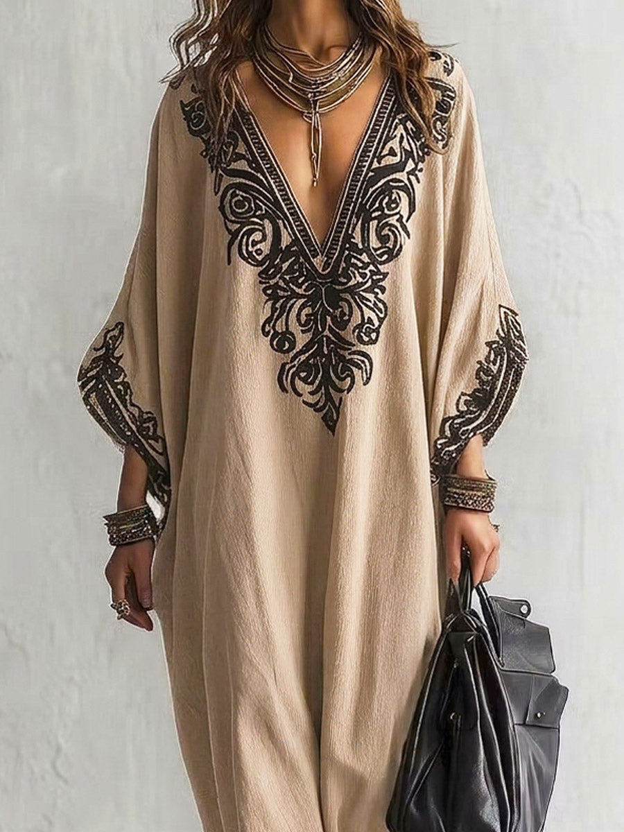 Women's Ethnic Pattern Art Print Casual Cotton Linen Maxi Dress