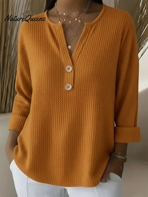 Classic V-neck Button-down Waffle Sweater
