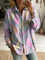 Floral Flowers Art Patterns Casual Patchwork Openwork Webbing Linen And Cotton Shirt