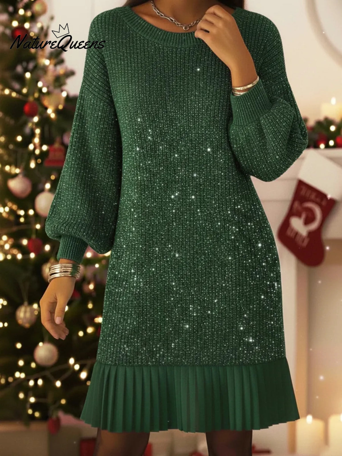 Elegant Lantern Sleeve Shimmering Knit Dress