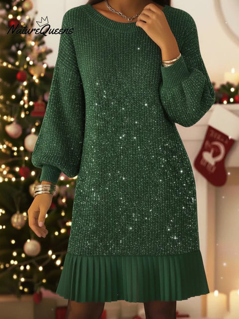 Elegant Lantern Sleeve Shimmering Knit Dress