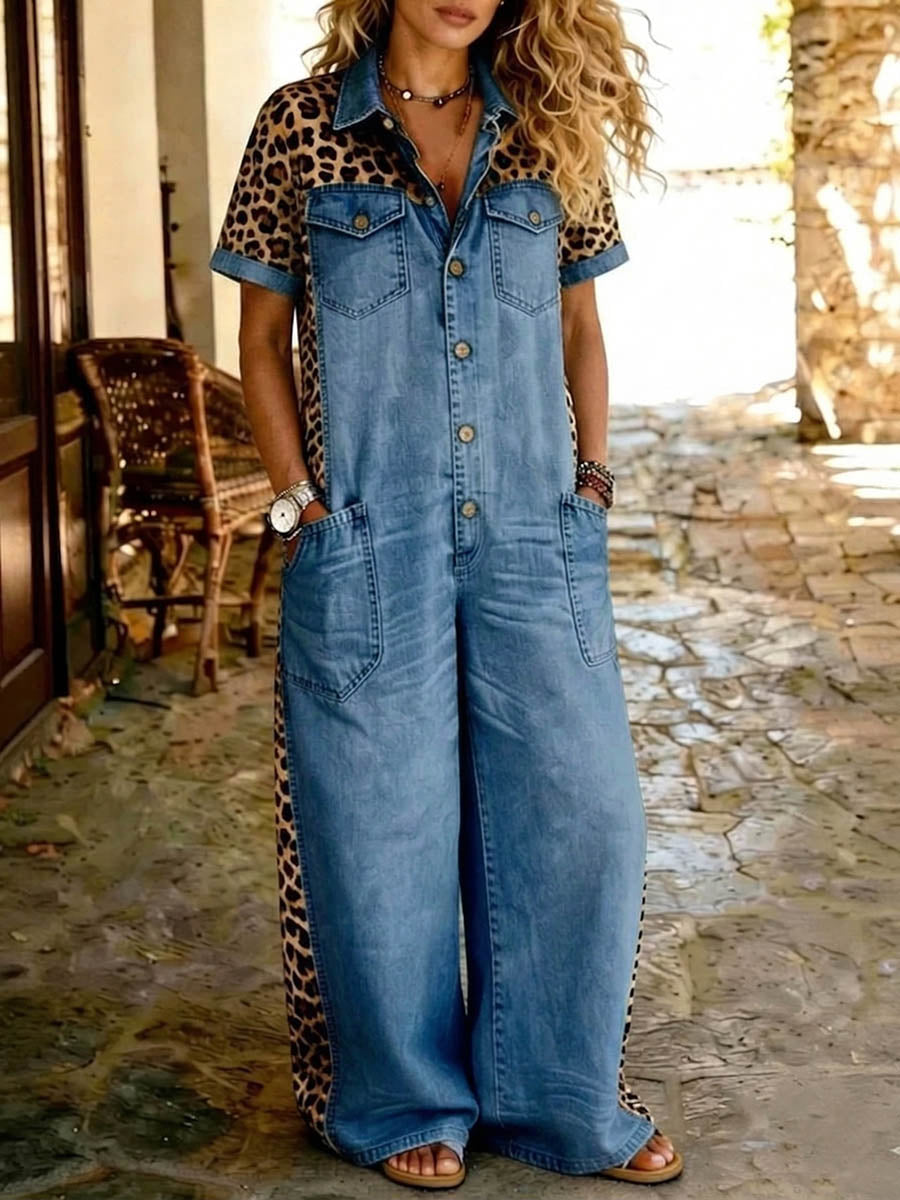 Women's Short-sleeve Wide-leg Denim Jumpsuit With Shirt Collar And Leopard Print Paneling