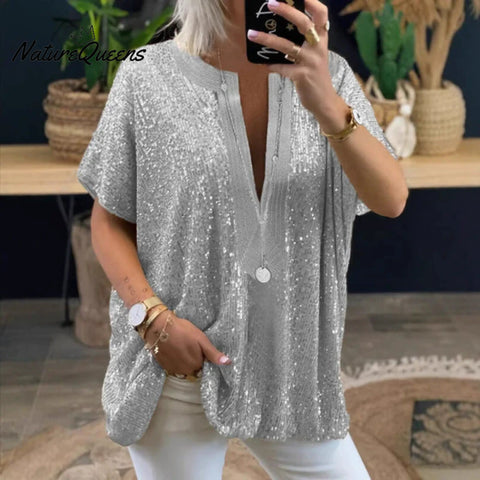 Women's Loose Sequined V-neck Short-sleeved Casual Shirt