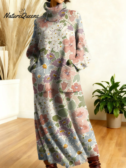 Women's Retro Floral Flowers High-neck Long-sleeve Casual Loose Knit Dress
