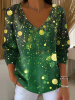 Shiny Green Printed Casual V-neck Sweater