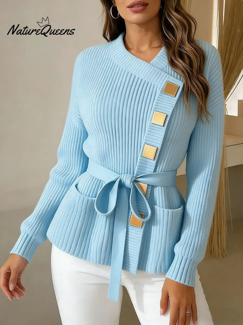 Women's Solid Color Cardigan Collar Long Sleeve Casual Loose Knit Top