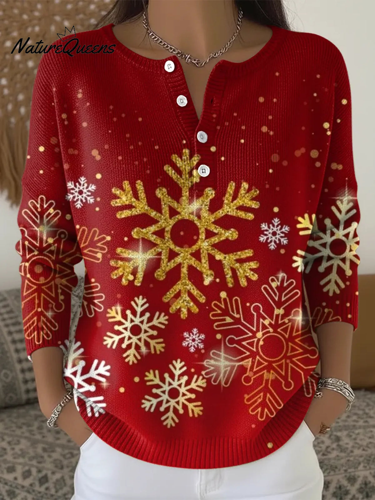 Women's Red Christmas Casual Printed Sweater