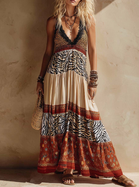 Animal Print Patchwork Lace Trim Halter V-neck Boho Maxi Dress