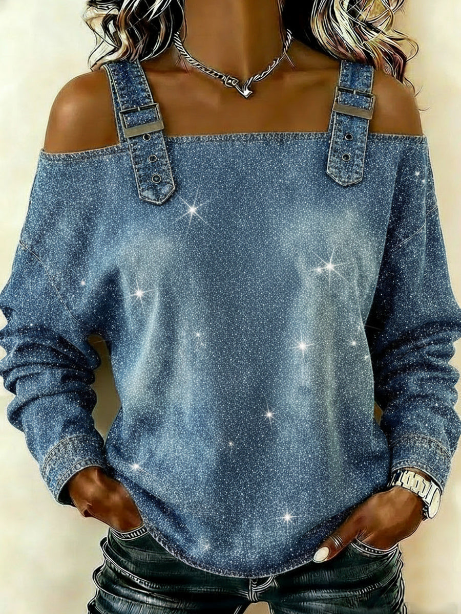 Casual Shimmering Shoulder Straps Denim Shirt Tops
