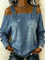 Casual Shimmering Shoulder Straps Denim Shirt Tops