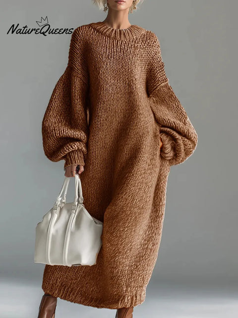 Women's Solid Color Round Neck Long Sleeve Casual Loose Knit Dress