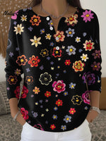 Women's Color Flowers Black Pattern Art Print Buttoned Cardigan Sweater
