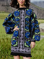 Women's Retro Floral Ethnic Print Stand Collar Long Sleeve Casual Loose Knit Dress